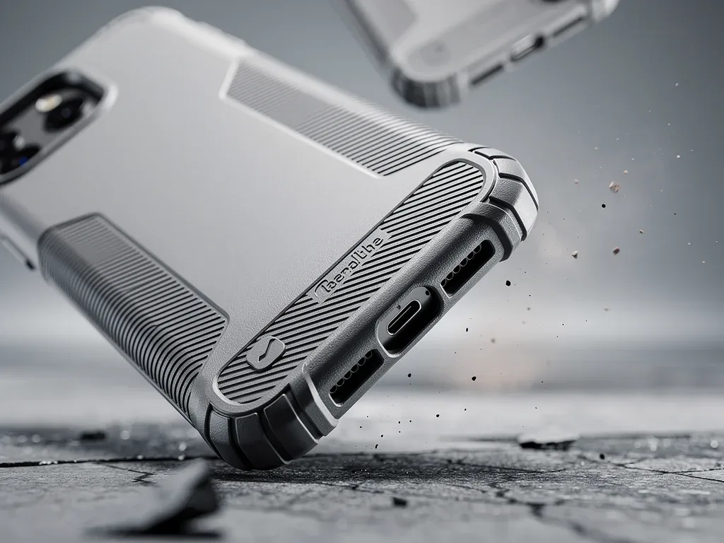 Close-up of a phone case showing textured grip and reinforced corners, emphasizing ergonomic protection.