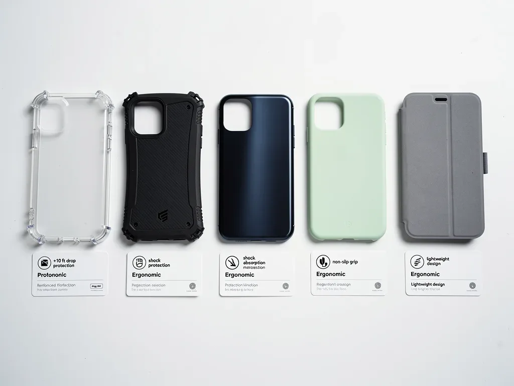 Five distinct phone case accessories displayed, each labeled with protection and ergonomic details for comparison.