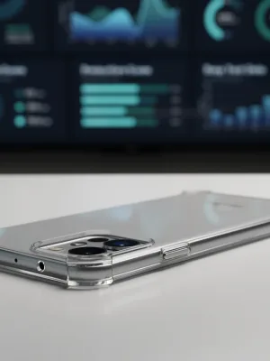 Modern smartphone in a clear protective case with data charts, symbolizing phone case accessory comparison.