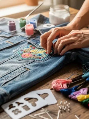 Hands customizing a denim jacket with a DIY personalization kit, showcasing creativity and personal style.