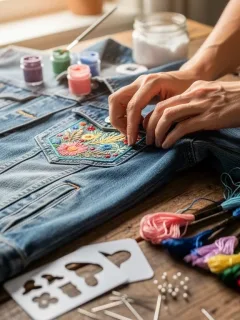 Hands customizing a denim jacket with a DIY personalization kit, showcasing creativity and personal style.