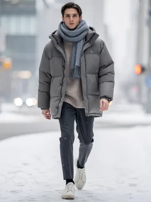 Stylish person in a snowy city, demonstrating casual layered winter fashion