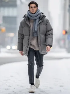 Stylish person in a snowy city, demonstrating casual layered winter fashion