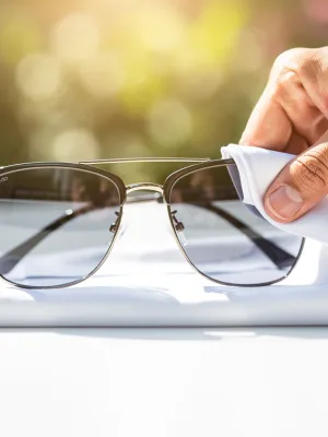 Hand cleaning sunglass lenses with microfiber cloth