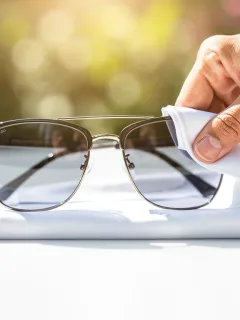 Hand cleaning sunglass lenses with microfiber cloth