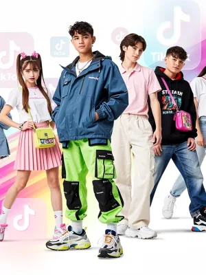 Diverse young people displaying various casual micro-trends influenced by TikTok, vibrant and modern.