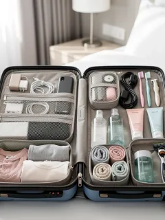 Open suitcase with travel accessory organizers for electronics, toiletries, and clothes
