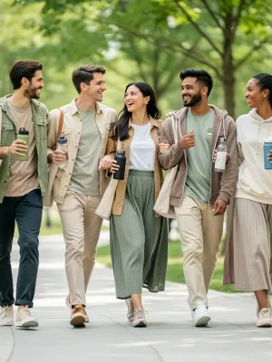 Group wearing sustainable casual fashion in urban park