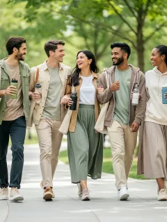 Group wearing sustainable casual fashion in urban park