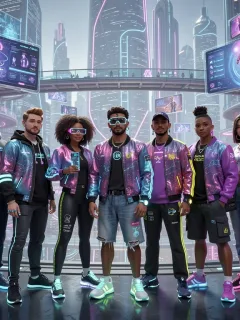 Avatars in a metaverse city wearing digital casual fashion, representing future opportunities.