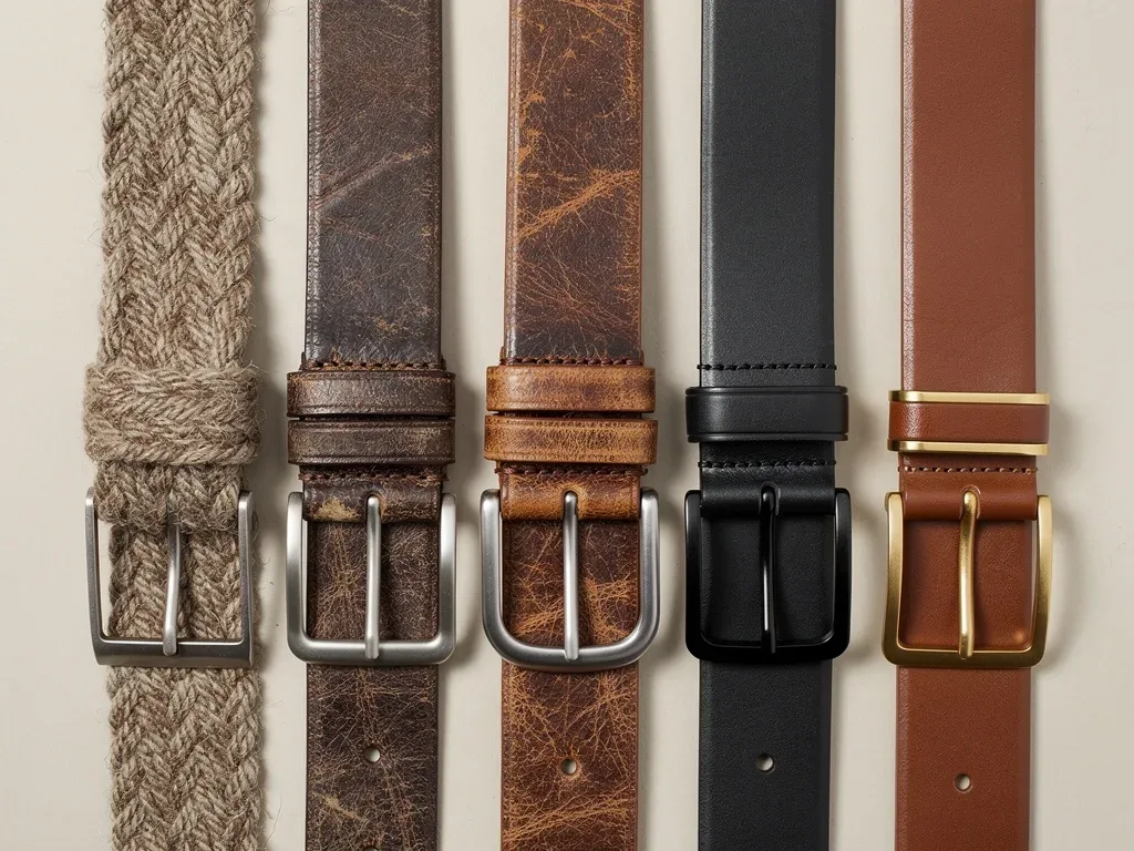 Variety of belt textures and materials for casual wear, including leather, fabric, and unique buckles