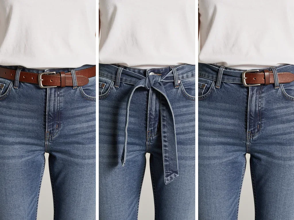 Demonstration of three different belt tying and fastening techniques for casual outfits