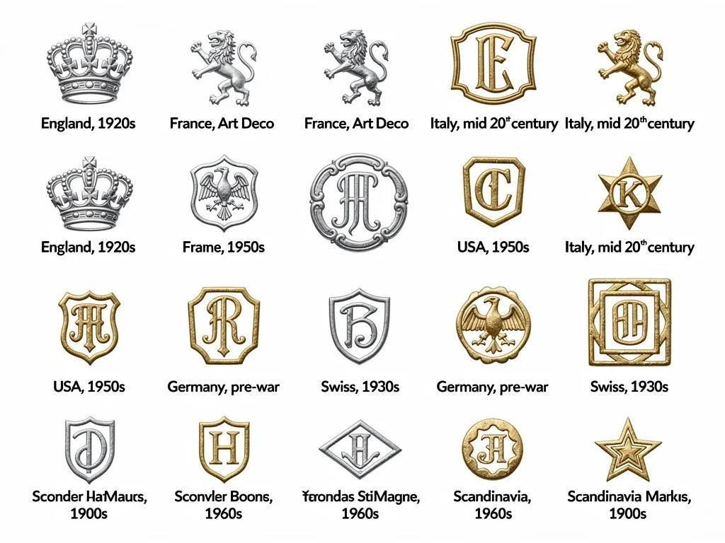 Diverse collection of vintage jewelry hallmarks and maker's marks for identification.