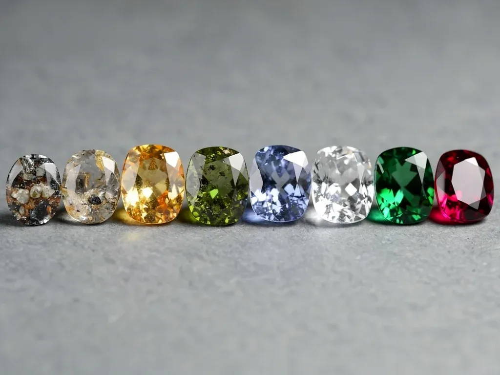 Comparison of authentic vintage gemstones versus modern synthetic gemstone imitations.