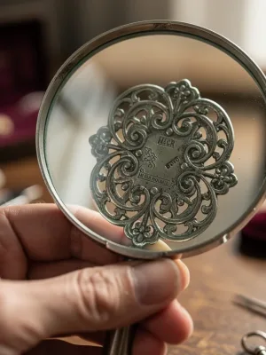Expert examining vintage silver brooch with magnifying glass for authentication details.