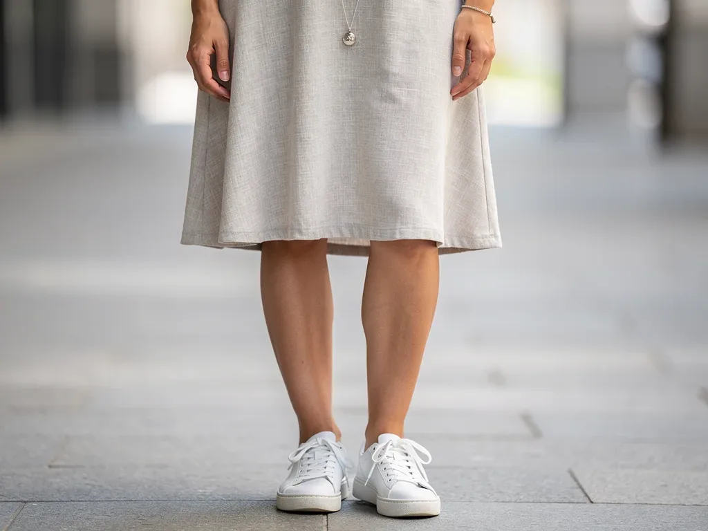 Woman in an A-line casual dress, emphasizing sustainable fabric and simple accessories.