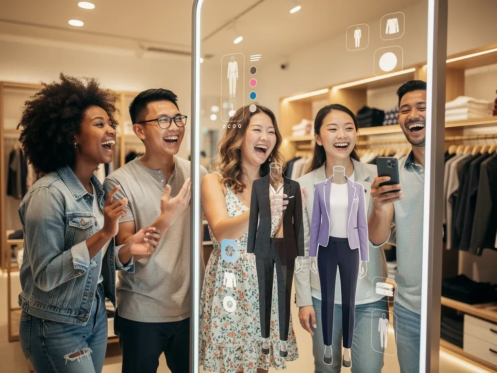Friends using augmented reality mirror for virtual clothing try-on