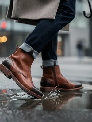 Stylish person walking in top casual boots 2026, city street rain