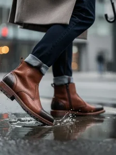 Stylish person walking in top casual boots 2026, city street rain