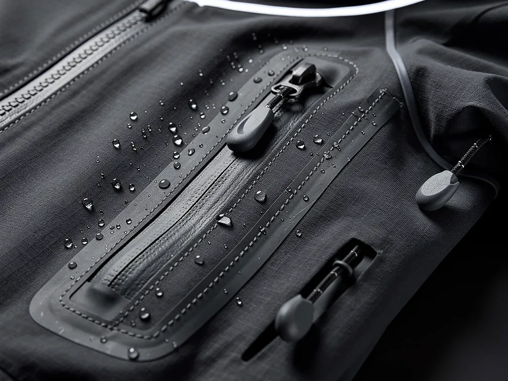Close-up of technical fabric and features on a casual outerwear jacket.