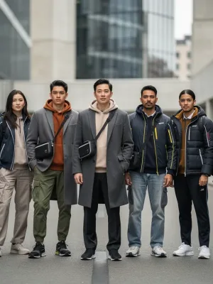 Stylish individuals showcasing casual outerwear trends for 2026 in an urban setting.