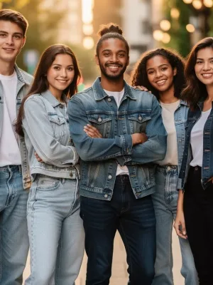 Diverse young adults confidently showcasing sustainable denim styles in an urban environment