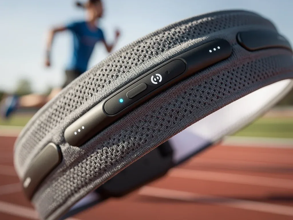 Close-up of a 2026 smart headband with biometric sensors for performance tracking.