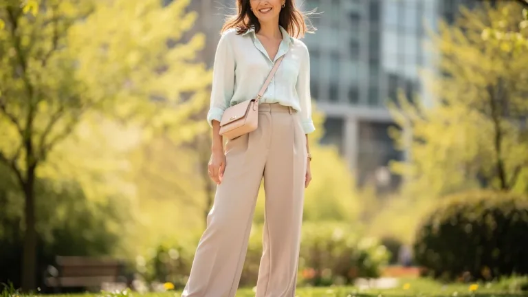 Woman in Spring 2026 casual style, wearing linen blend shirt and wide-leg trousers