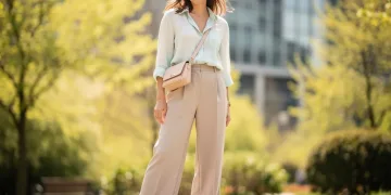 Woman in Spring 2026 casual style, wearing linen blend shirt and wide-leg trousers