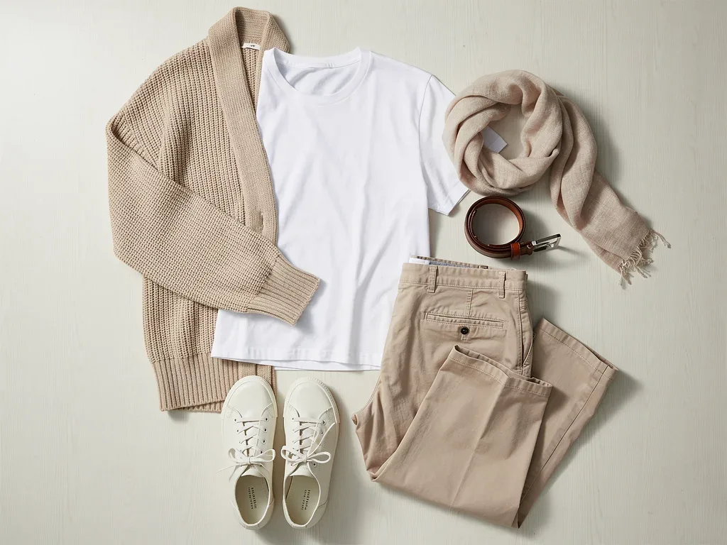 Spring 2026 casual essentials flat lay with knit cardigan and chinos