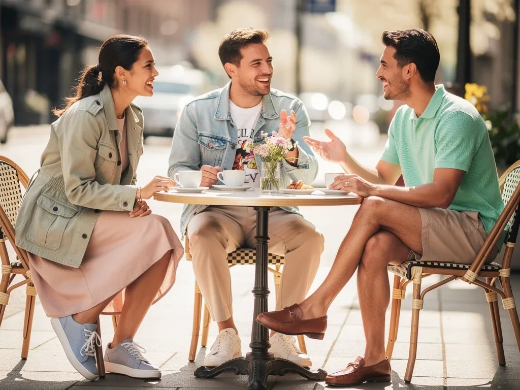 Friends in diverse Spring 2026 casual outfits at an outdoor cafe