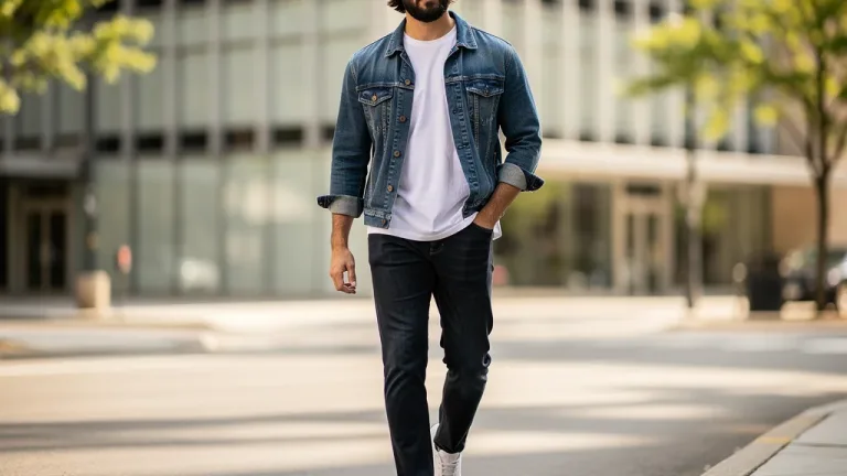 Man showcasing 2026 casual style staples, wearing denim jacket and white sneakers