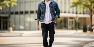 Man showcasing 2026 casual style staples, wearing denim jacket and white sneakers