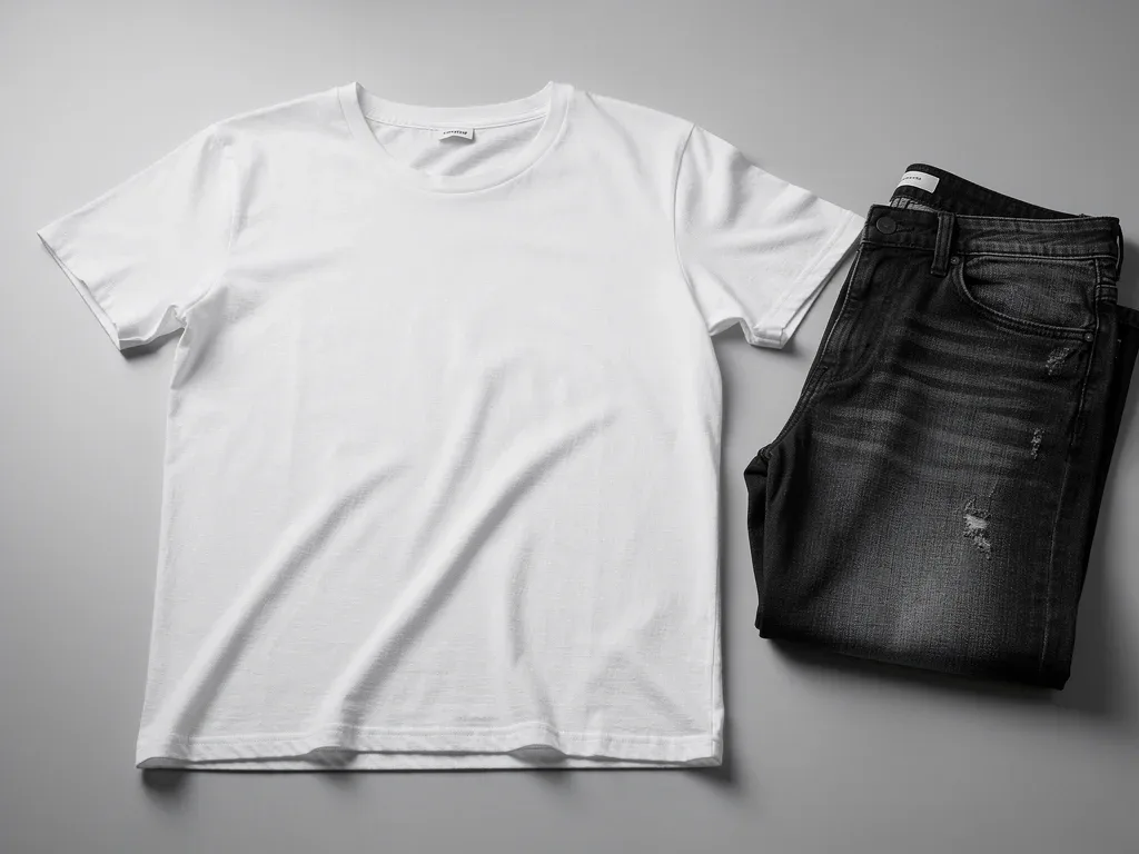 Close-up of premium white t-shirt and dark wash jeans, essential casual wear