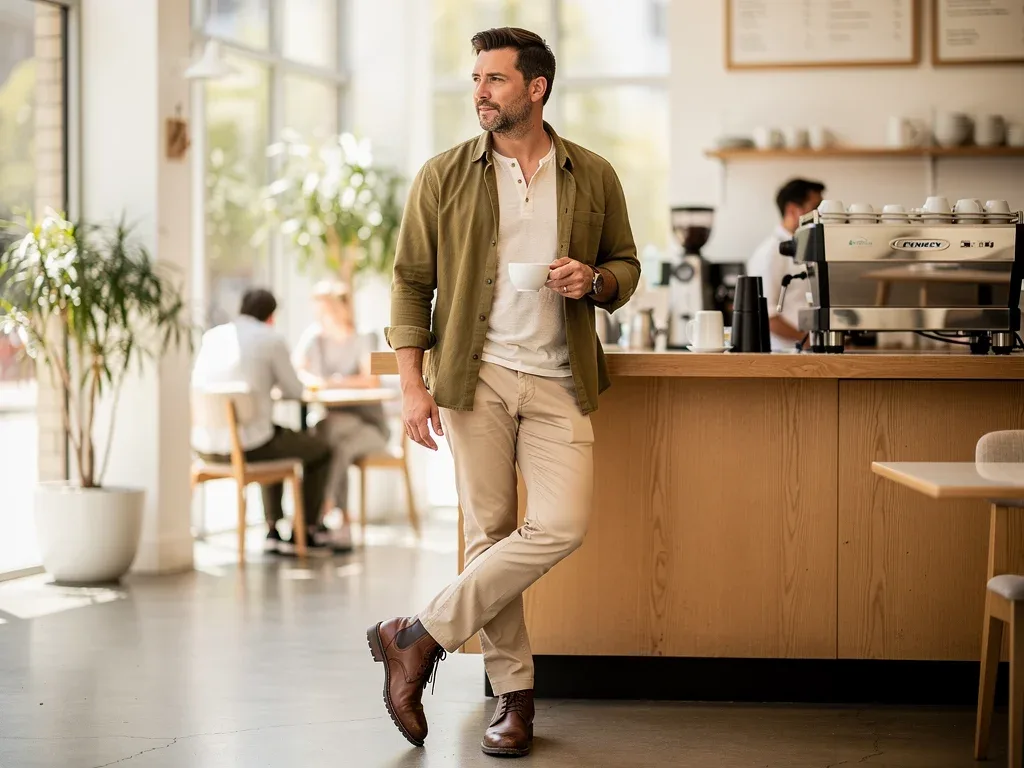 Man wearing stylish overshirt, Henley, chinos, and leather boots in a cafe setting