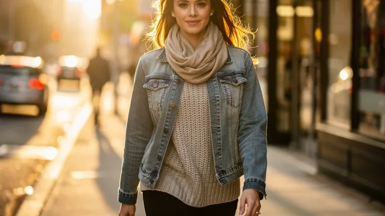 Stylish woman in a textured casual outfit walking in morning light.
