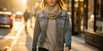 Stylish woman in a textured casual outfit walking in morning light.