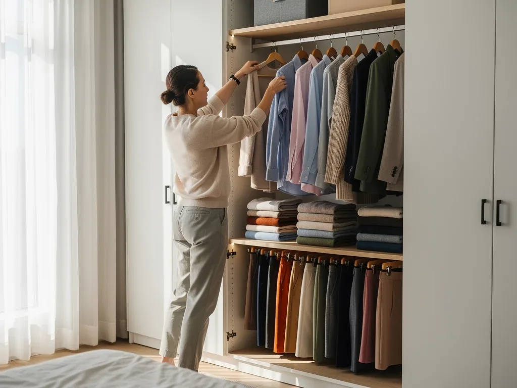 Quick outfit selection from an organized wardrobe.