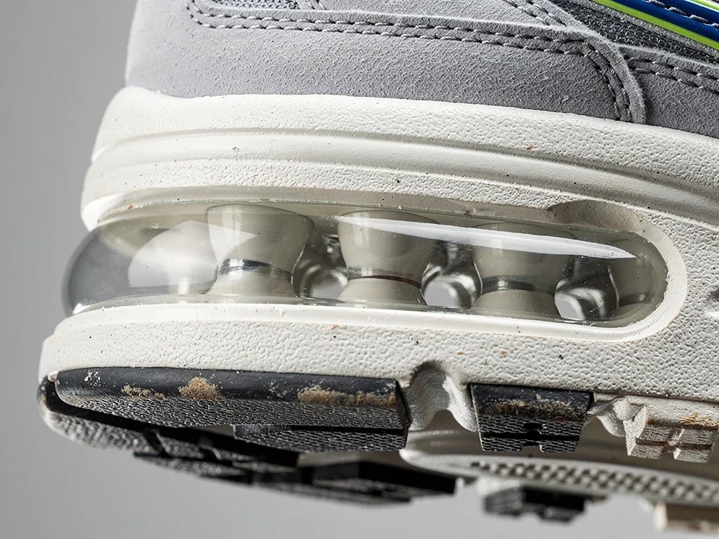 Close-up of retro running shoe midsole technology for cushioning