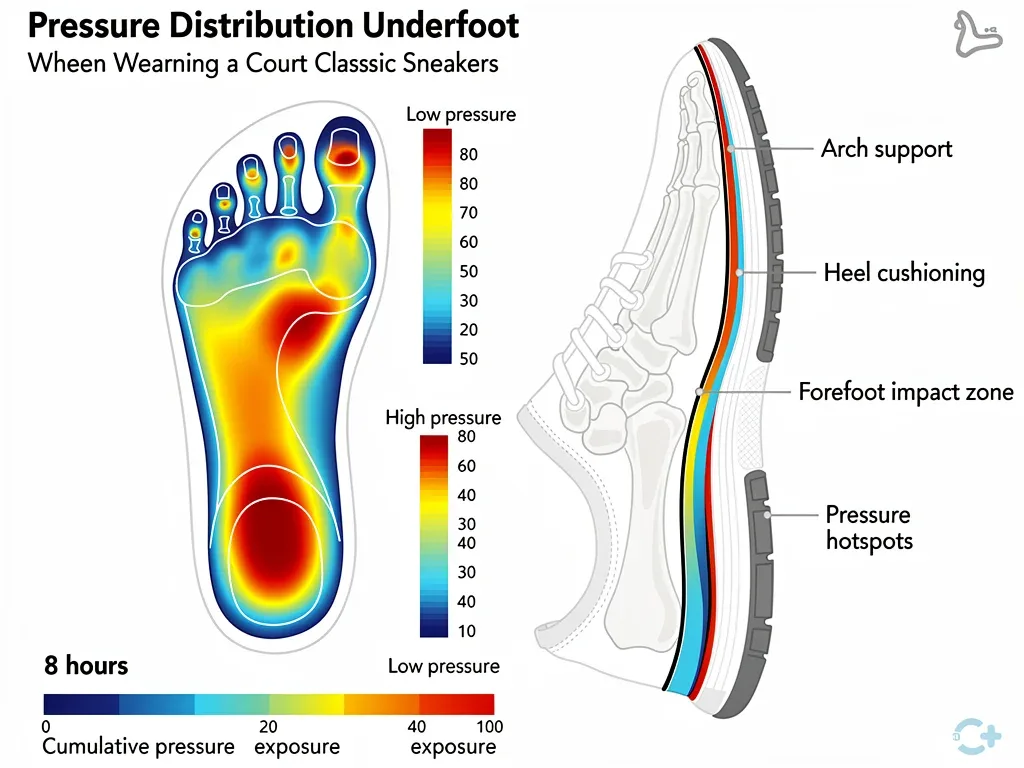 Infographic showing pressure distribution and arch support in court classic sneakers