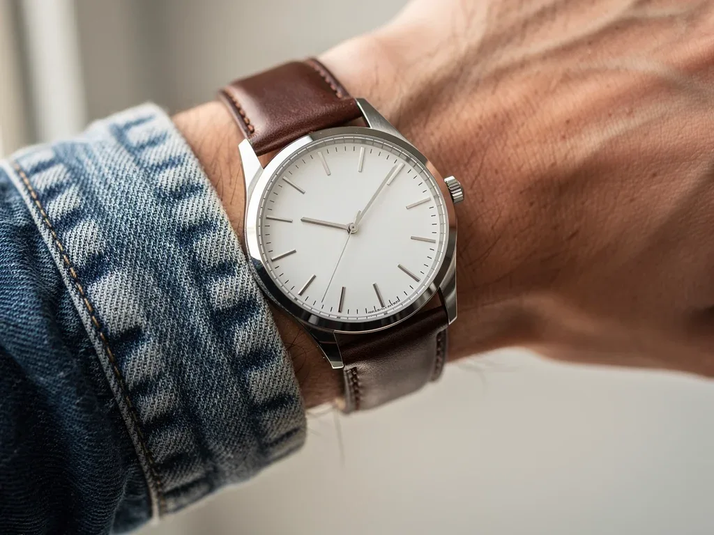 Classic leather-strap watch on a wrist with denim sleeve