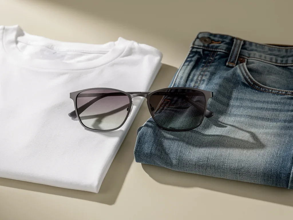 Modern sunglasses on a table with a white t-shirt and jeans