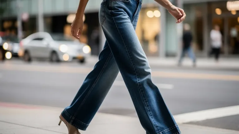Woman wearing wide-leg denim jeans with balanced hem and complementary shoes