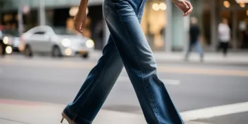 Woman wearing wide-leg denim jeans with balanced hem and complementary shoes