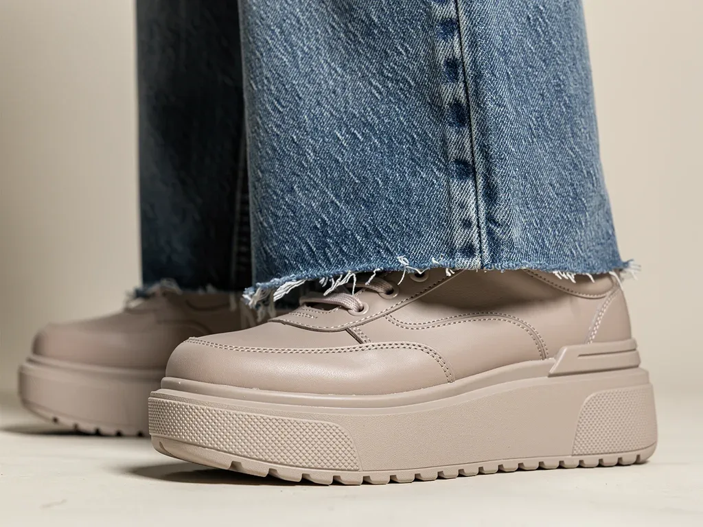 Close-up of wide-leg denim hem with platform sneakers