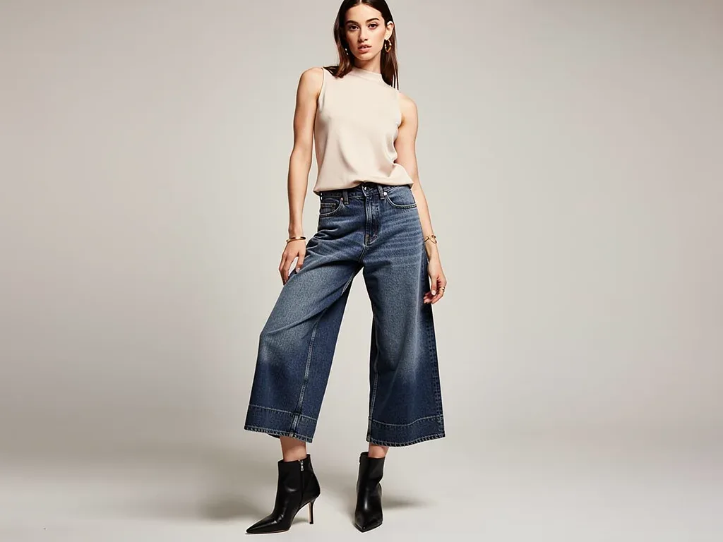 Model in cropped wide-leg denim with ankle boots