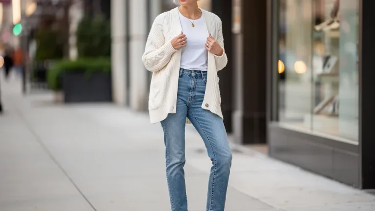 Woman in cream chunky knit cardigan, white t-shirt, blue jeans, and ankle boots.