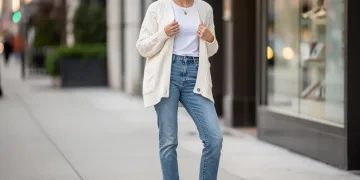 Woman in cream chunky knit cardigan, white t-shirt, blue jeans, and ankle boots.