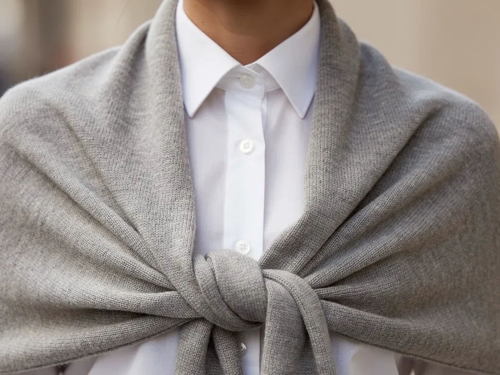 Fine-gauge cardigan draped over shoulders with button-down shirt.