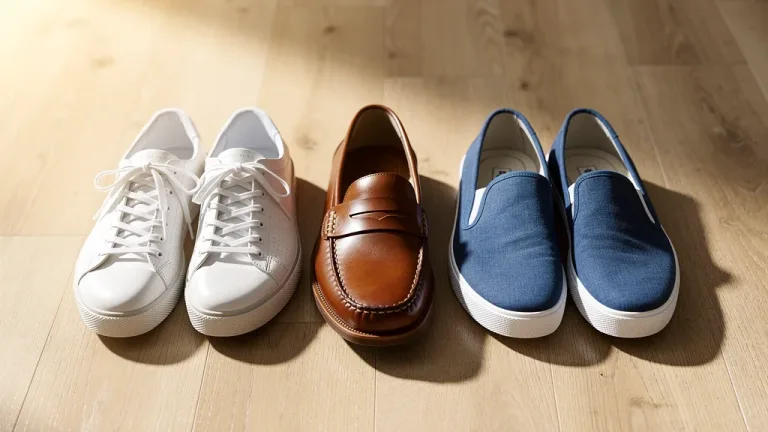 Three casual shoes, white sneakers, brown loafers, blue canvas, arranged for footwear rotation.